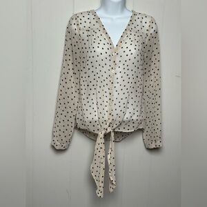 Edge Women’s Sheer Cream Fabric with Black Polka Dots Button up Tie Hem Size M
